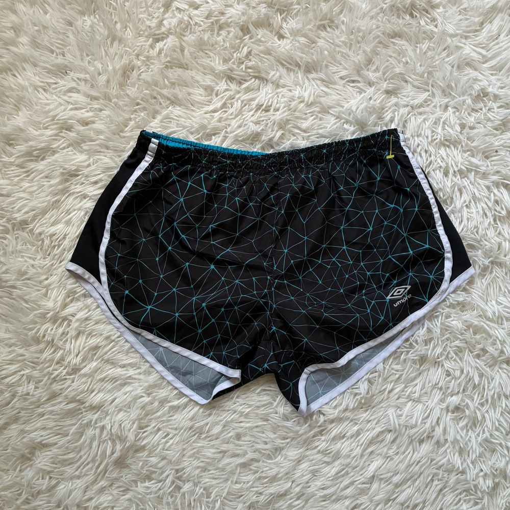 Umbro Womens Black Teal Geometric Running Shorts Size M Athletic Gym Dolphin Hem